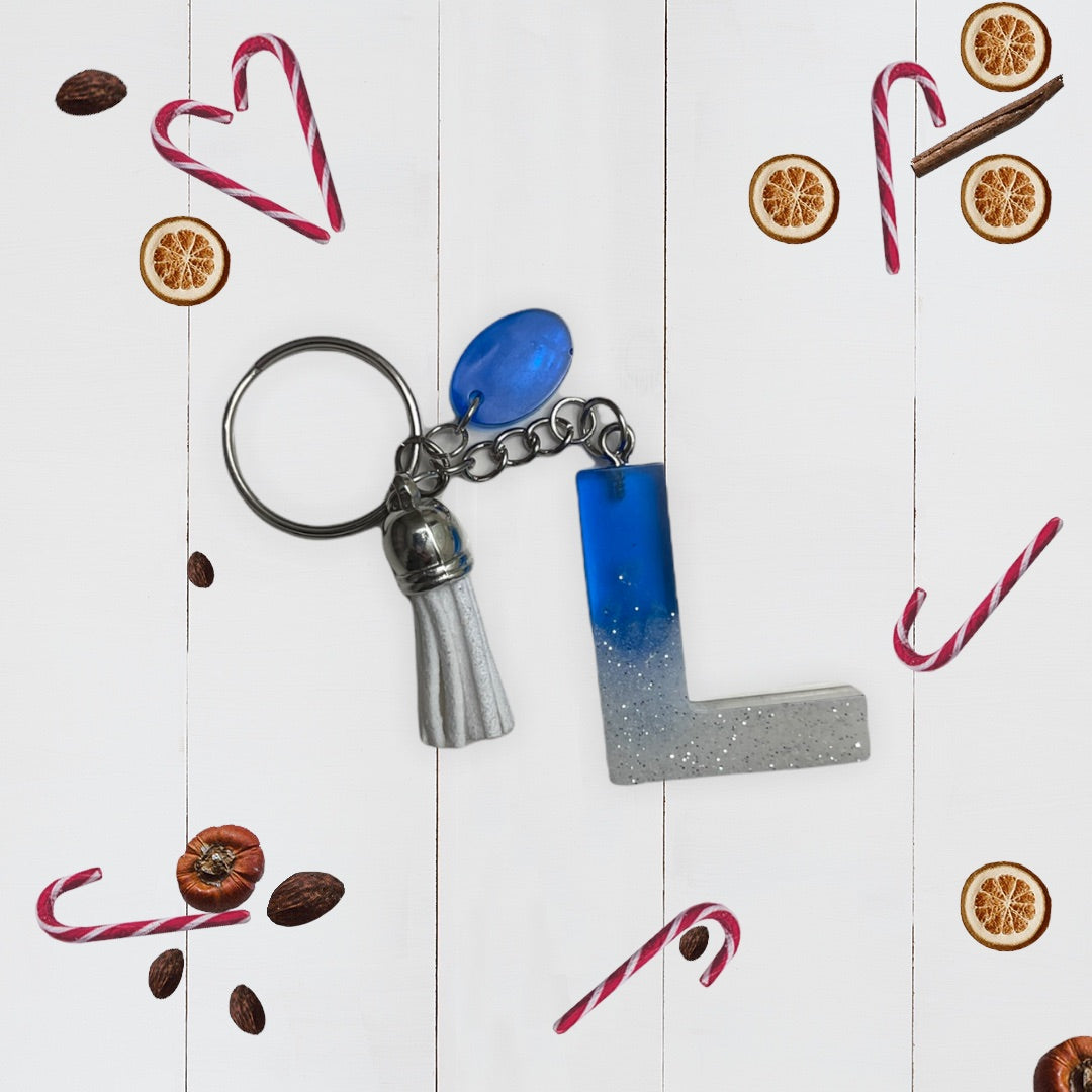 Blue And White Glitter Alphabet Keychain