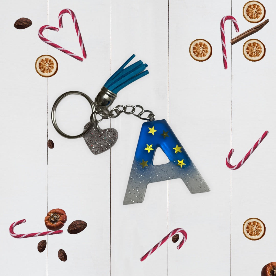 Blue And White Glitter With Gold Stars Alphabet Keychain