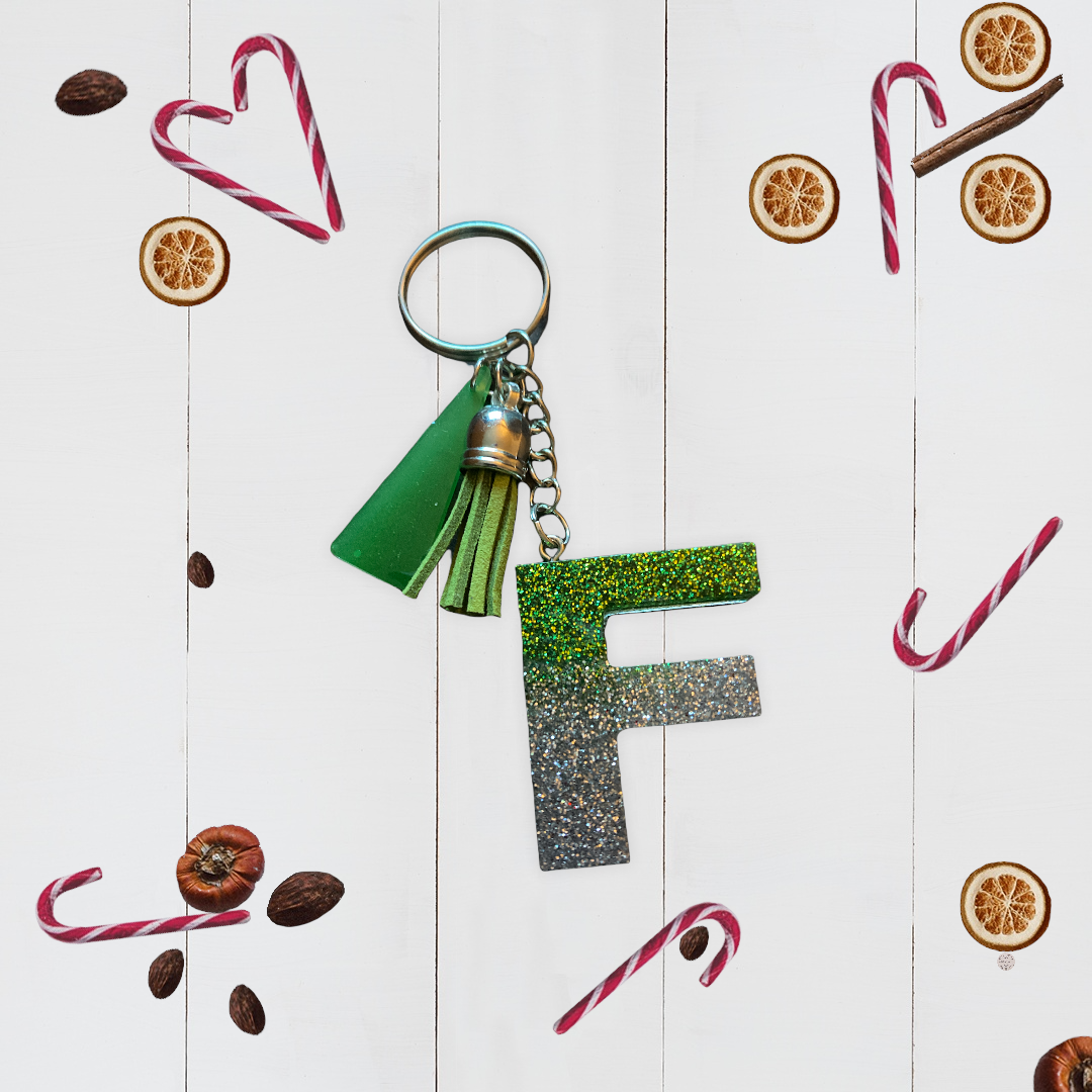 Green And Silver Glitter Alphabet Keychain